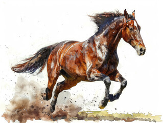 illustrazione in stile acquerello di strepitoso cavallo marrone da salto che salta un ostacolo molto alto, gare equestri, clip art di cavallo in stile acquerello - obrazy, fototapety, plakaty