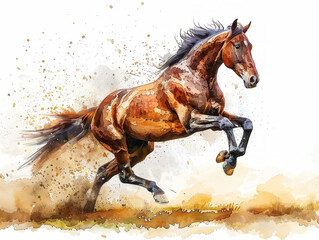illustrazione in stile acquerello di strepitoso cavallo marrone da salto che salta un ostacolo molto alto, gare equestri, clip art di cavallo in stile acquerello - obrazy, fototapety, plakaty
