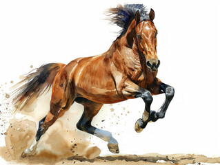 illustrazione in stile acquerello di strepitoso cavallo marrone da salto che salta un ostacolo molto alto, gare equestri, clip art di cavallo in stile acquerello