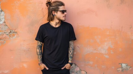 Black Tshirt mockup, featuring a rebel look male model