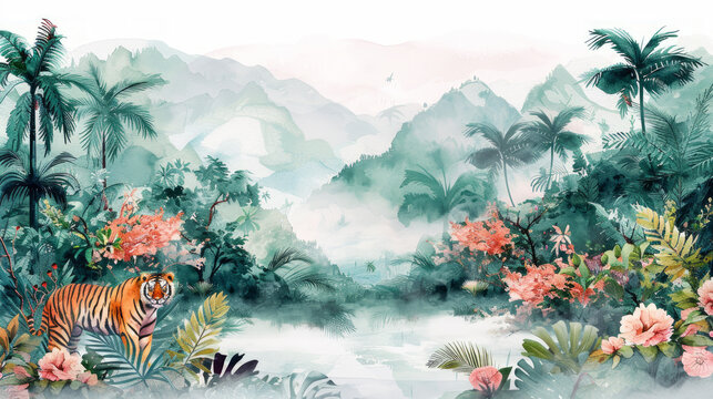 Giungla acquerello, illustrazione tropicale. Sfondo floreale tropicale con palme, piante, animali selvatici tigre, uccelli. Carta da parati della giungla esotica per stanza  bambini, sfondo bianco