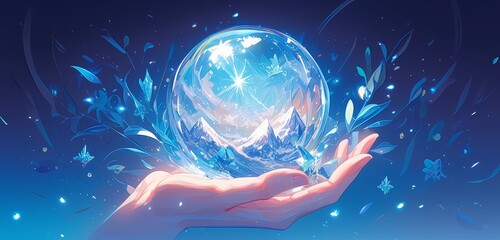 Obraz na płótnie Canvas A beautiful hand holding an ice crystal ball with snowy mountains inside, with a blue and white color scheme.