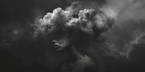 Depression: The Dark Cloud and Weighted Shoulders - Visualize a person with a dark cloud over their head and shoulders slumped forward, illustrating the emotional weight of depression - obrazy, fototapety, plakaty