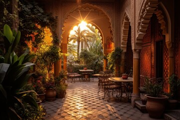 A Vibrant Courtyard in Morocco, Bathed in the Warm Glow of Sunset, with Intricate Mosaic Tiles and Lush Greenery