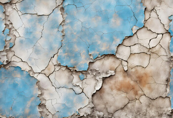 Blue and gray peeling paint on the wall. Concrete wall with old cracked flaking paint. Grunge texture for wide panoramic background