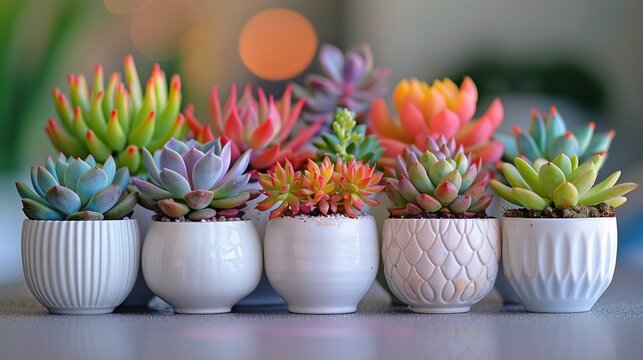 Vibrant Succulents A collection of colorful succulents, each with unique shapes and hues, arranged in a white vase on a table 8K , high-resolution, ultra HD,up32K HD
