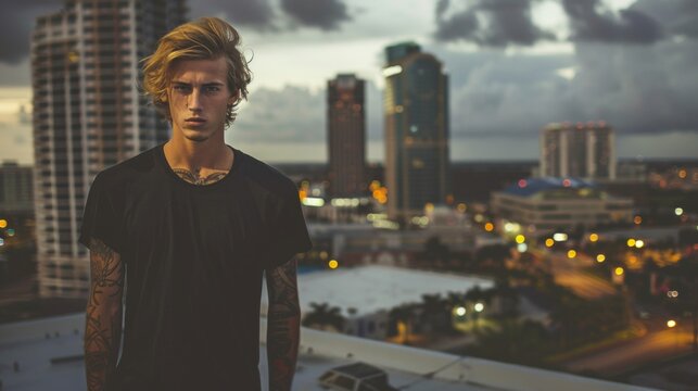 Black Tshirt mockup, featuring a rebel look male model