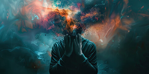 Anxiety: The Racing Thoughts and Suffocating Sensation - Picture a person with thoughts racing around them and a sensation of suffocation, illustrating the overwhelming nature of anxiety - obrazy, fototapety, plakaty