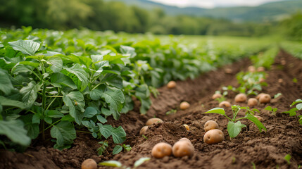 Potato field with dug potatoes, harvesting