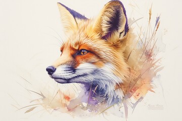 Fototapeta premium A beautiful watercolor fox portrait, the colors are vibrant and the brushstrokes flowing on white background, creating an enchanting scene.