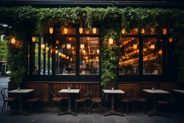 Fototapeta premium A Vibrant Contemporary Bistro on a Busy Street Corner, Illuminated by the Warm Glow of Hanging Edison Bulbs, with a Lush Green Wall and Rustic Wooden Furniture