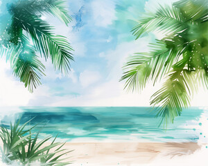 Palm Tree on Tropical Sandy Beach, Summer paradise, Seascape, Vacation, Resort, Travel, Nature, Summertime Composition with Copy Space, Summer Vibe Concept, Backdrop, Poster, Card
