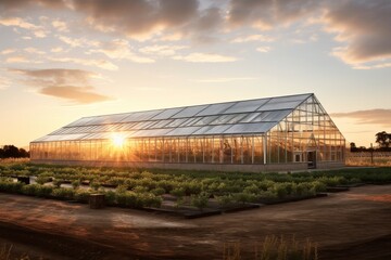 Obraz premium A Panoramic View of an Industrial Greenhouse at Sunset, Illuminated by the Warm Glow of the Setting Sun, Surrounded by Lush Fields