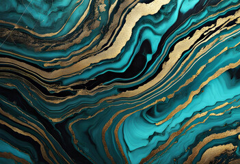 Close up of turquoise and gold marble texture. Fluid art turquoise marble with gold and black stains background.