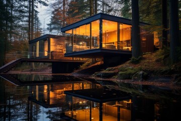 Obraz premium A Tranquil Forest Retreat with Glass Walls Reflecting the Serene Beauty of Surrounding Trees and the Vibrant Sunset Sky