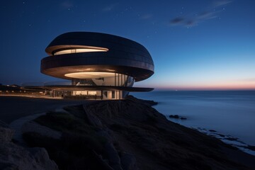 A Majestic Ocean Observatory at Twilight, Illuminated by Soft Lights Reflecting off the Calm Sea with a Starry Sky Above