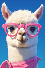 Obraz premium A blue alpaca with pink glasses and scarf