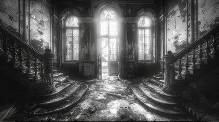 Eerie black and white photo of a derelict mansion enveloped in mist