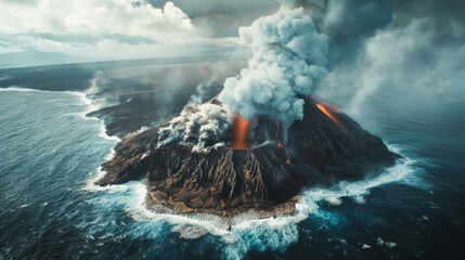 Aerial view of a volcanic island emerging from the sea as a new eruption creates landmass in a dynamic display of geologic forces. - obrazy, fototapety, plakaty