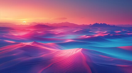 Surreal desert landscape illuminated by vibrant colored lights under a twilight sky
