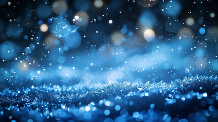 A sleek cobalt and frost abstract tableau, where bokeh lights resemble ice crystals forming on a clear winter night. The air is crisp and invigorating. - obrazy, fototapety, plakaty