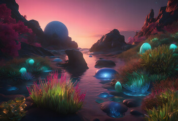 Vibrant Coral-like Flora Amidst Alien Stone Terrain, Bathed in Sunrise Glow with Distant Planetary Silhouette