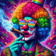 Digital art of a psychedelic clown with sunglasses smoking a blunt - obrazy, fototapety, plakaty