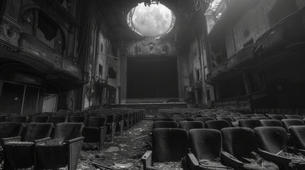 Abandoned theater interior with decaying seats and ornate architecture under a dusty light - obrazy, fototapety, plakaty