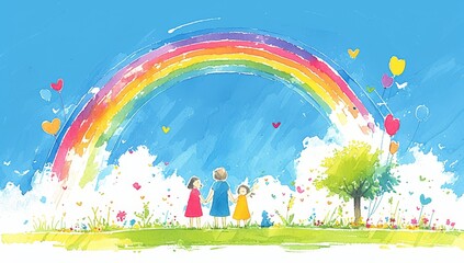 Obraz premium A child's drawing of three people holding hands under the rainbow, with hearts and balloons in the background