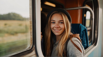 Portrait of young adventurous backpacker woman looking through the window of train to the beautiful natural scenery