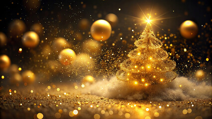 A glowing Christmas tree sparkles against a mystical backdrop, whimsically decorated with golden lights that seem to float in the air.The festive atmosphere is enhanced by glittering baubles.AI genera - obrazy, fototapety, plakaty