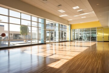Spacious Modern Gymnasium with High Ceilings, Large Windows Allowing Natural Light, and State-of-the-Art Equipment