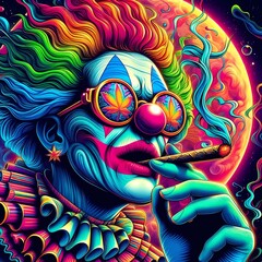 Digital art of a psychedelic clown with sunglasses smoking a blunt