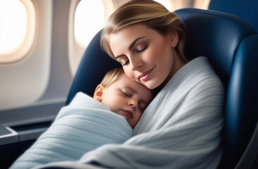 A child sleeps in his mother's arms on an airplane during a flight, travel