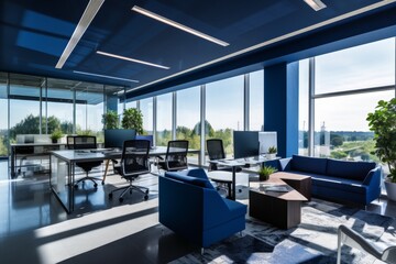 Modern Navy Blue Spacious Office with Large Windows, Sleek Furniture, and High-Tech Equipment Illuminated by Natural Light