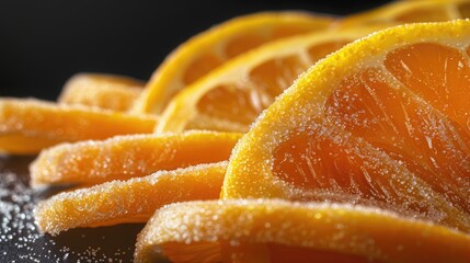 Close up view of sweet marmalade slices on a table with a black background