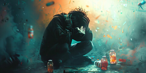 Substance Abuse: The Escape and Self-Destruction - Picture a person seeking escape through substances and engaging in self-destructive behavior, illustrating the cycle of substance abuse
