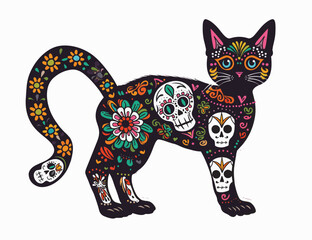 Mexican day of the dead colorful cat design
