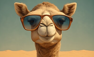 Naklejka premium A cute camel wearing sunglasses, solid color background, funny animal portrait