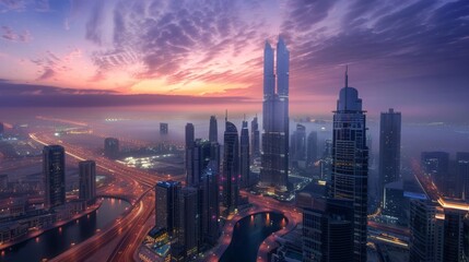 Fototapeta premium An architectural marvel of a skyscraper with intricate lighting design, standing tall and proud amidst the city skyline.