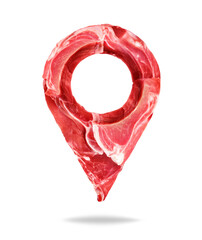 Location symbol made of raw beef meat steaks isolated on a white background