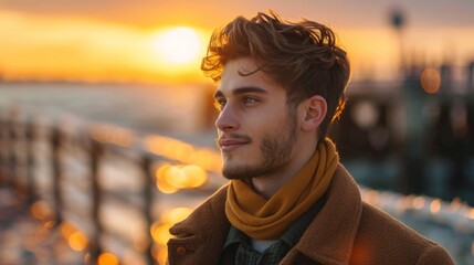 An attractive young man enjoying a sunset stroll along a pier, the golden light casting a romantic glow on his chiseled features.