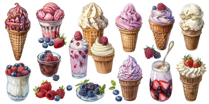 Watercolor ice cream. Delicious summer dessert, tasty ice cream, chocolate, berry and vanilla watercolor hand drawn illustration set. Cartoon ice cream collection