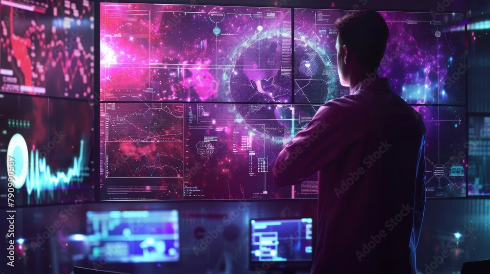 Leinwandbilder An engineer analyzing data on multiple screens, unraveling complexities with focus and expertise.