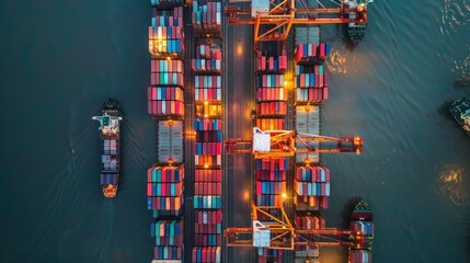 Global logistics background, containers at a loading and unloading marine terminal, hades from above, aerial photography