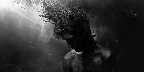Suicidal Ideation: The Dark Thoughts and Hopelessness - Visualize a person consumed by dark thoughts and feelings of hopelessness, illustrating the experience of suicidal ideation. - obrazy, fototapety, plakaty