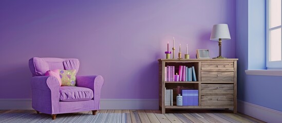 In a child's room interior, there is a violet armchair positioned beside a wooden cupboard holding...