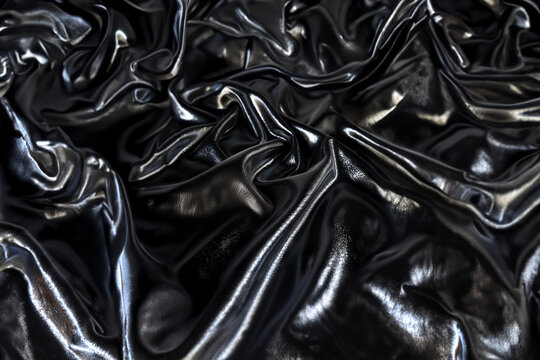 Sleek, reflective and lustrous surface of black shiny fabric. Timeless elegance. Background, fashion concept, luxury-theme. Black shiny fabric.