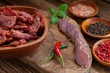 Dry beef meat jerky biltong with hot pepper chilli and spices