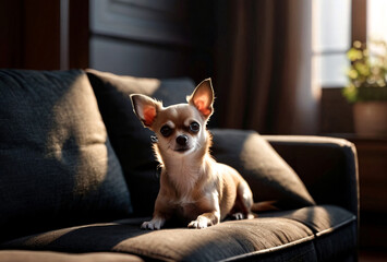 Cute Chihuahua dog on dark sofa in cozy home living room. Portrait doggy Chihuahua. Concept pet love and family friend